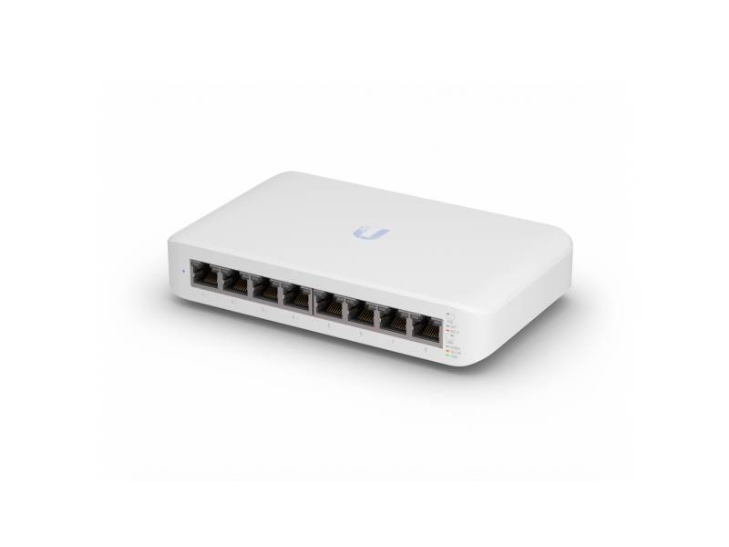 Weiße Netzwerk-Switch mit acht Ethernet-Ports und Statusleuchten an der Vorderseite, von einer bekannten Technologiemarke.