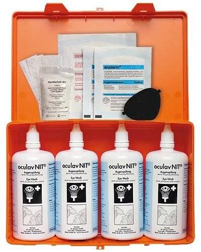 OculavNit-Box mit Augen-Sofortspülung, 4 Druckspülflasche à 250 ml Steriellösung, 3 Jahre haltbar