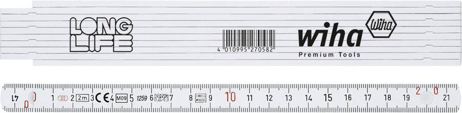 Faltmaßstab aus Metall mit schwarzen Markierungen und roten Zahlen, Länge bis 2 Metern. Logos LONG LIFE und Wiha aufgedruckt.