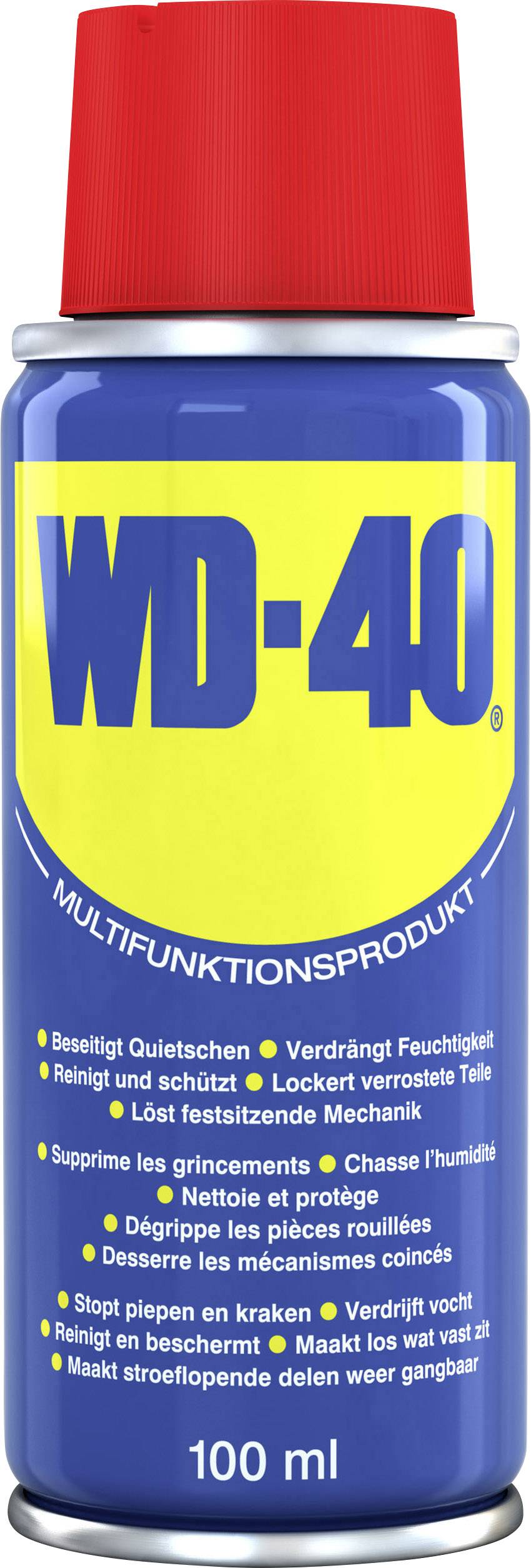 WD-40-Sprühdose mit rotem Deckel, blaue Aufschrift auf gelbem Hintergrund. Text: 'Multifunktionsprodukt'. 100 ml Inhalt.