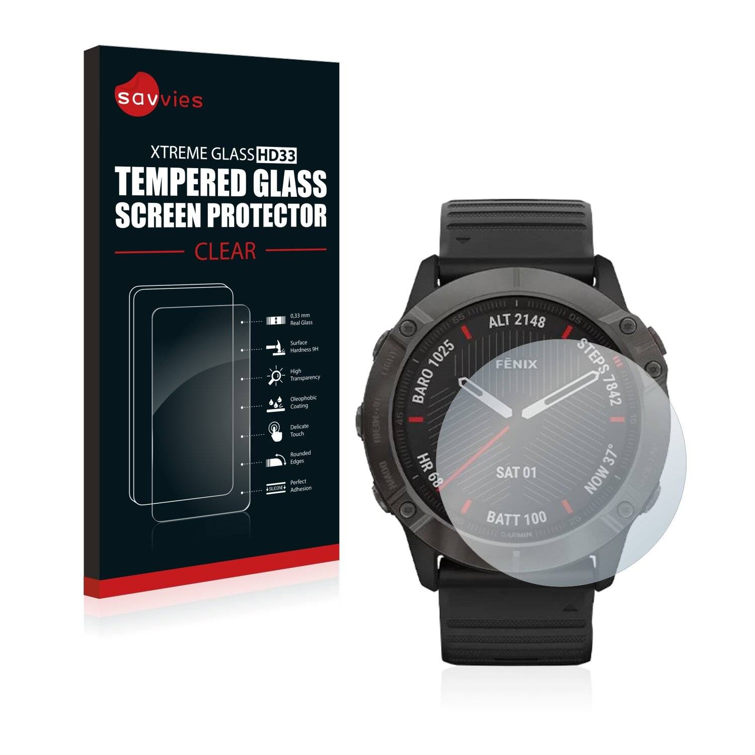 Savvies Schutzglas für Garmin Fenix 6X Pro Solar Echtglas 9H-Härte klar