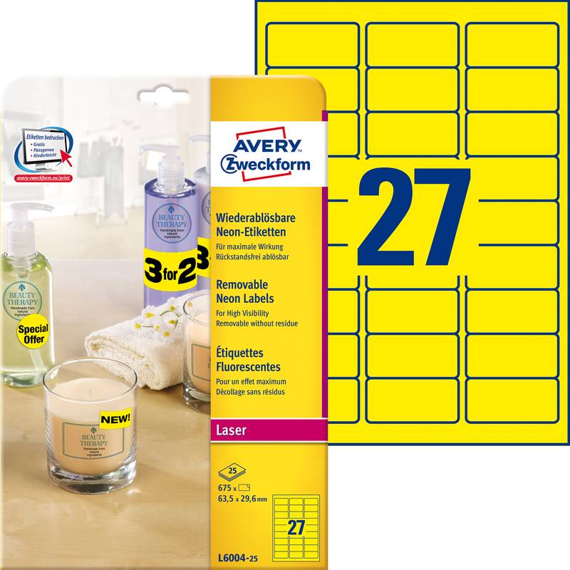 Avery Zweckform Neongelb Etiketten/L6004-25 63,5x29,6 mm Inh.675