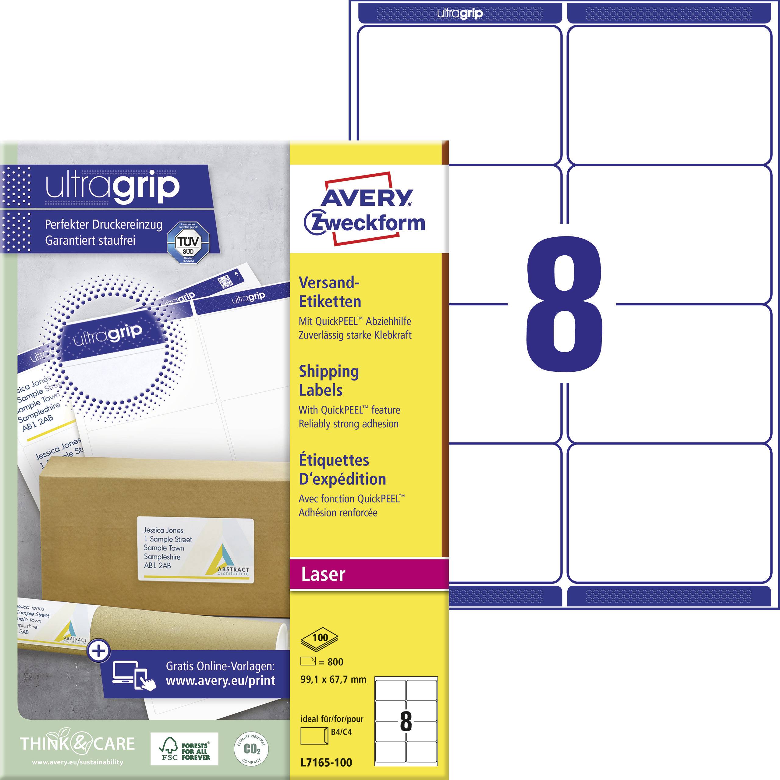 Avery Zweckform L7165-100 Versand-Etiketten, A4 mit ultragrip, 99,1 x 67,7 mm, 100 Bogen/800 Etiketten, weiß