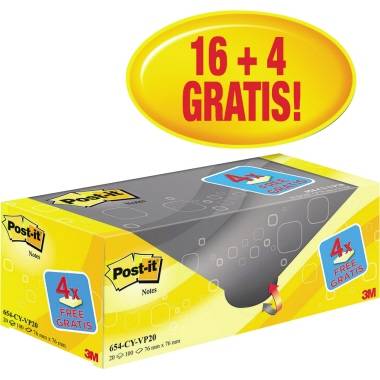 Post-it Haftnotiz Notes 654Y-20 76x76mm 100Blatt gelb 20 St./Pack.