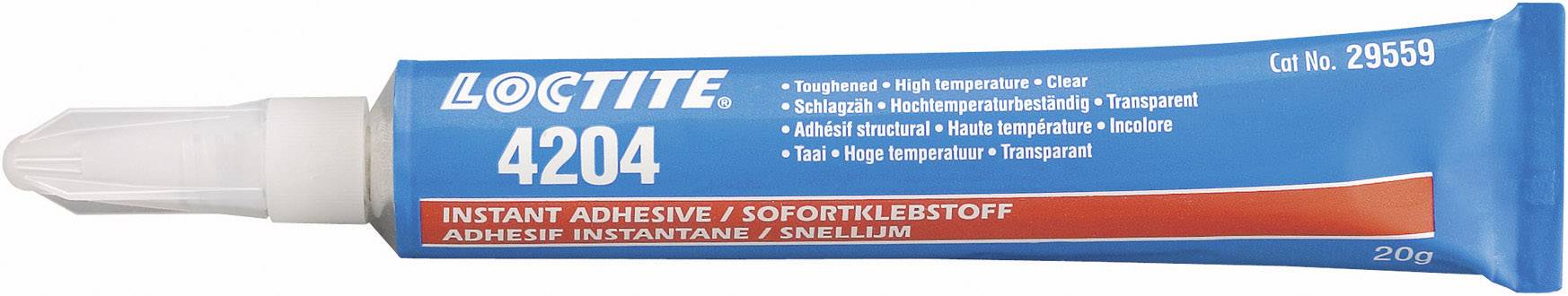 'Loctite 4204' Sofortkleber, transparente 20g Tube, geeignet für hohe Temperaturen. Verpackungsdesign mit Produktinformationen.