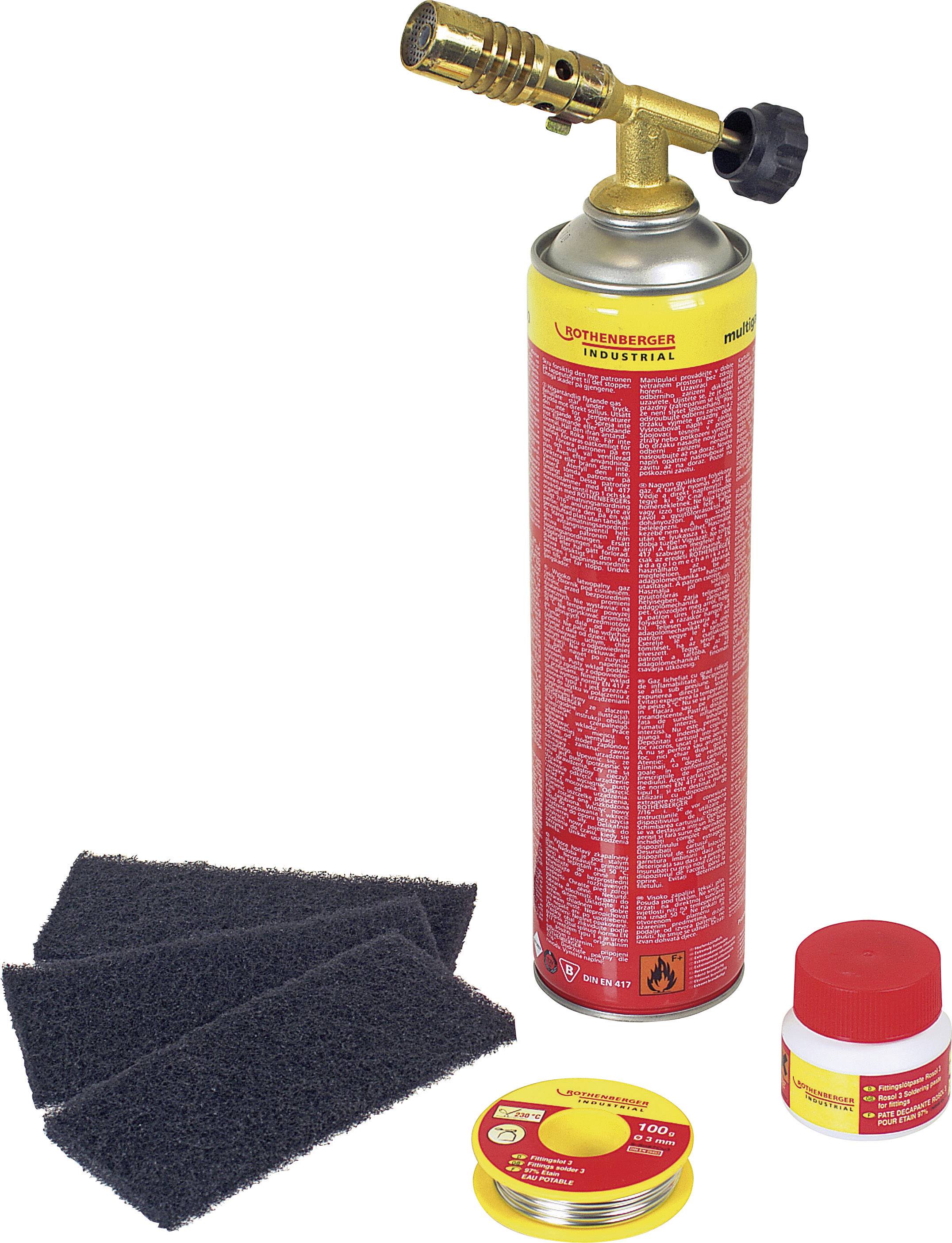 Lötkolbenset mit Gasflasche, Reinigungsmatten, Lötzinnspule und Flussmittelbehälter. Ideal für Löt- und Reparaturarbeiten.