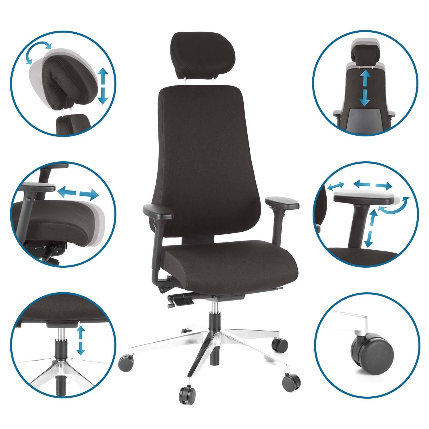 Bürostuhl Chefsessel PRO-TEC 400 Stoff schwarz Alu poliert hjh OFFICE