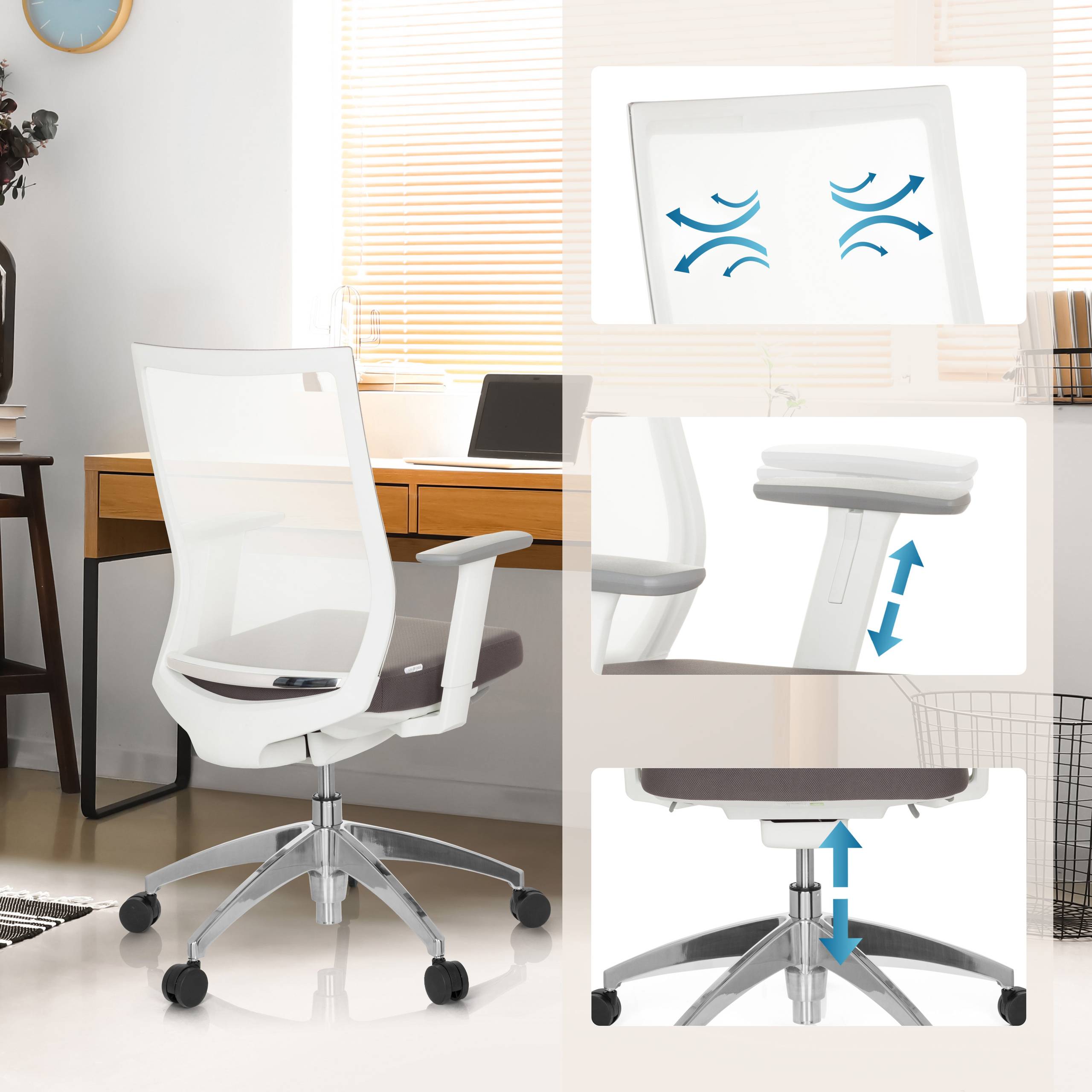 Bürostuhl Drehstuhl ASPEN WHITE Netzstoff transparent Sitz Stoff grau hjh OFFICE