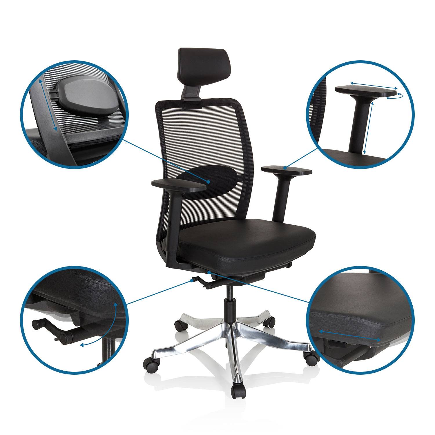 Bürostuhl Drehstuhl SENATOR PRO Netzstoff Leder schwarz hjh OFFICE