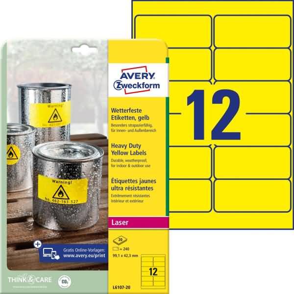 Avery-Zweckform L6107-20 Folien-Etiketten 99.1 x 42.3mm Polyester-Folie Gelb 240 St. Permanent haftend Farblaserdrucker