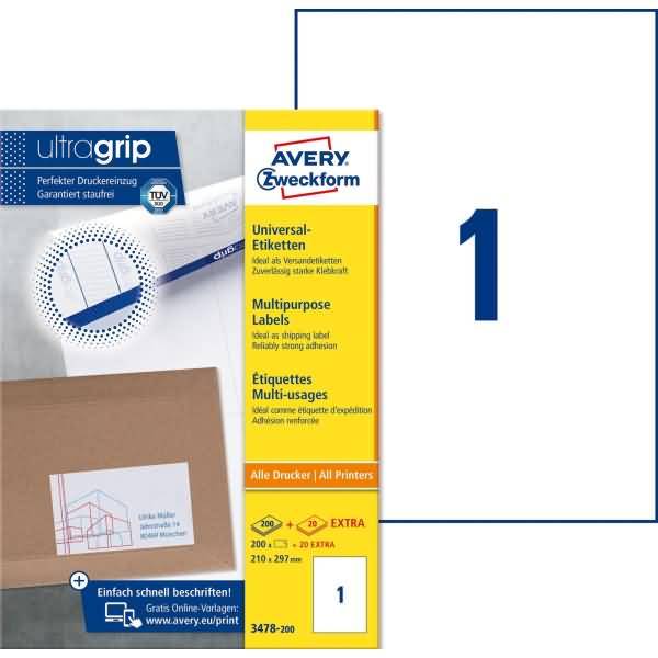 Avery-Zweckform 3478-200 Universal-Etiketten 210 x 297mm Papier Weiß 200 St. Permanent haftend Farblaserdrucker, Laserdrucker