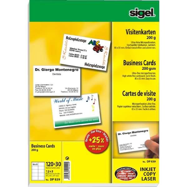 Sigel DP839 Bedruckbare Visitenkarten, microperforiert 85 x 55 mm Hochweiß 150 St. Papierformat: DIN A4