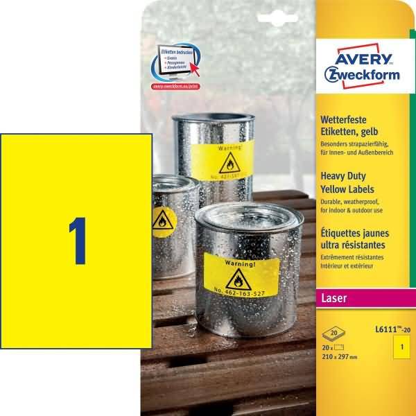 Avery-Zweckform L6111-20 Folien-Etiketten 210 x 297mm Polyester-Folie Gelb 20 St. Permanent haftend Farblaserdrucker