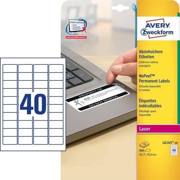 Avery-Zweckform L6145-20 Sicherheits-Etiketten 45.7 x 25.4mm Polyester-Folie Weiß 800 St. Permanent haftend Laserdrucker