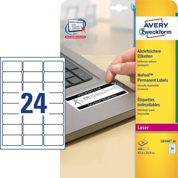 Avery-Zweckform L6146-20 Sicherheits-Etiketten 63.5 x 33.9mm Polyester-Folie Weiß 480 St. Permanent haftend Laserdrucker