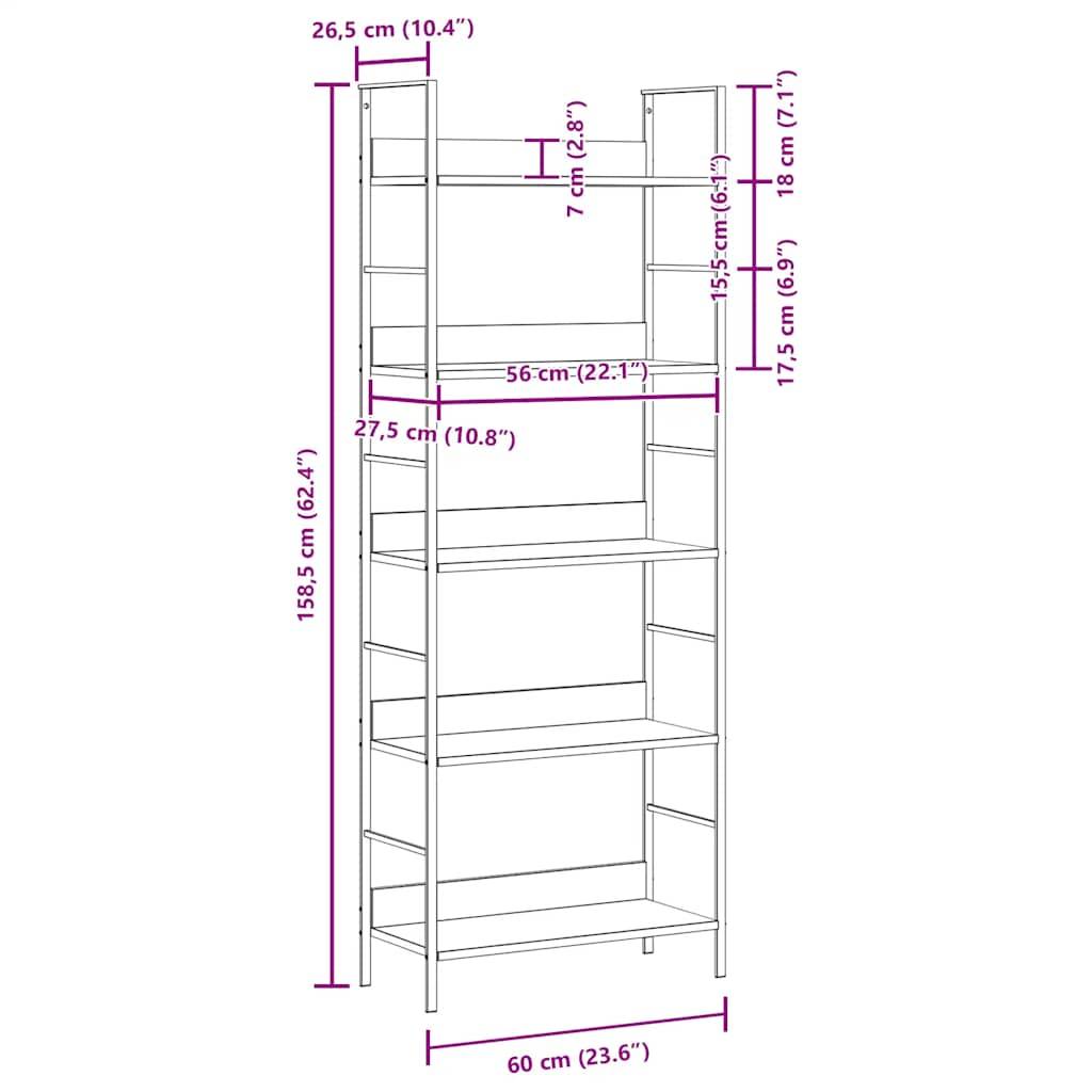 vidaXL Bücherregal 5 Regalböden Weiß 60x27,6x158,5 cm Holzwerkstoff