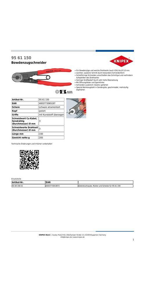 KNIPEX Bowdenzugschneider Gesamtlänge 150 mm Drahtseil-Ø 3 mm poliert
