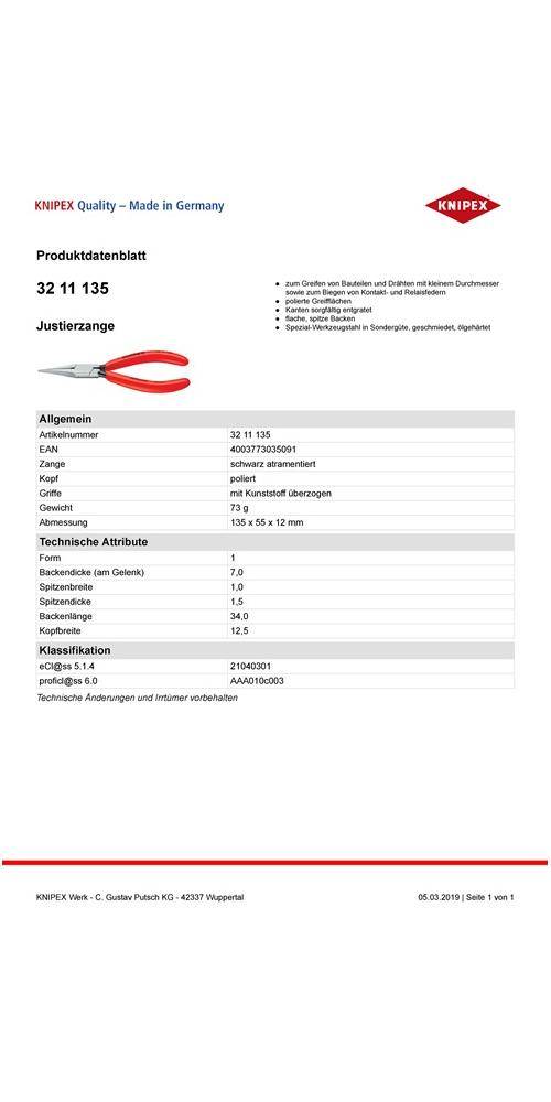KNIPEX Justierzange Länge 135 mm gerade flach, schmal