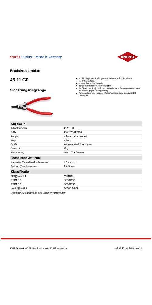 KNIPEX Sicherungsringzange für Wellen Ø 1,5 - 4 mm poliert Länge 140