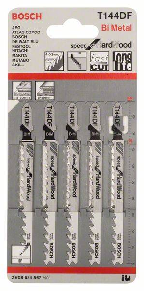 Stichsägeblatt T 144 DF Gesamt-L.100mm Zahnt.4 -5,2mm BiM 5 St./Karte BOSCH
