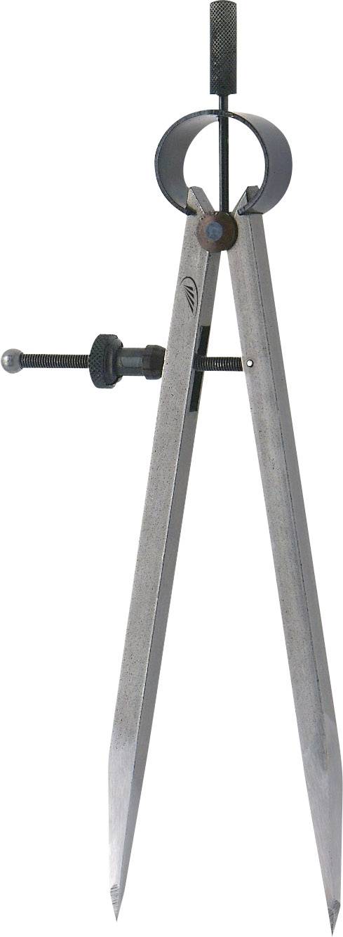 Ein Metallzirkel zum Zeichnen von Kreisen oder Messen von Abständen, mit verstellbaren Beinen und einer Schraube zur Feinjustierung.