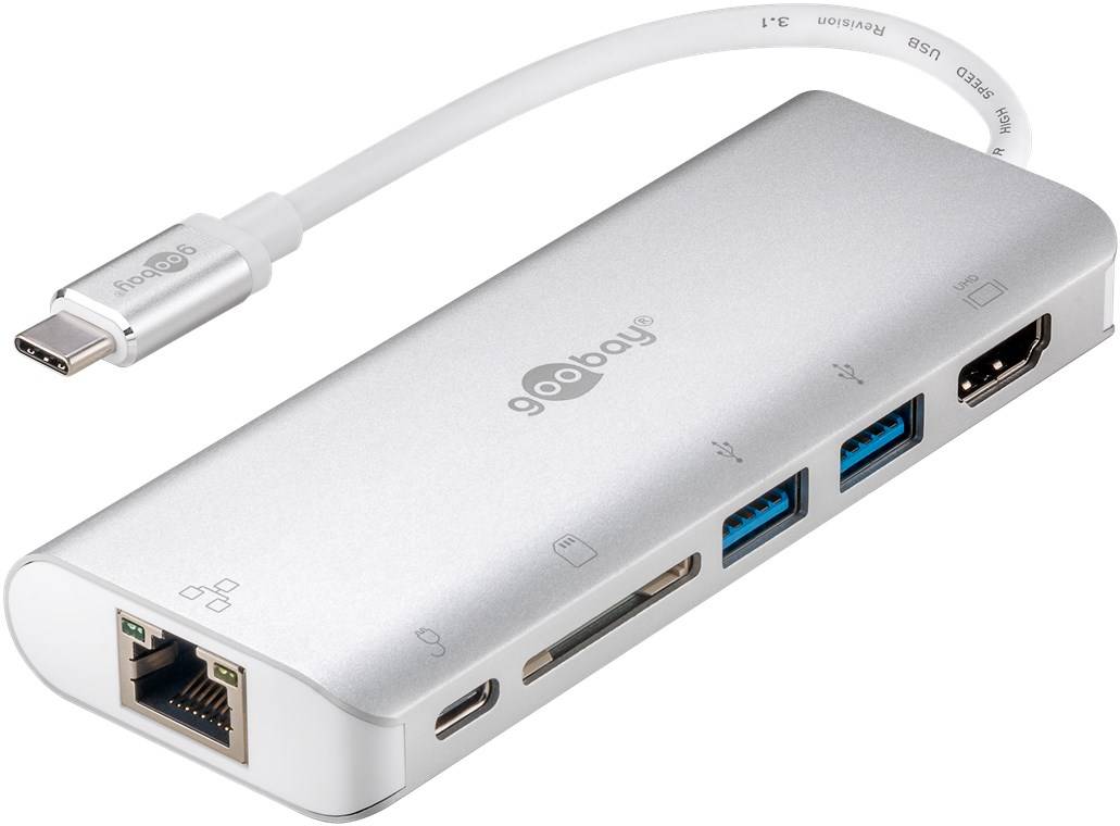 Goobay 76788 USB-C Adapter Multiport 6 Ports 4K HDMI, Power Delivery USB-C, USB-A 3.0, RJ45 Ethernet & SD Kartenleser