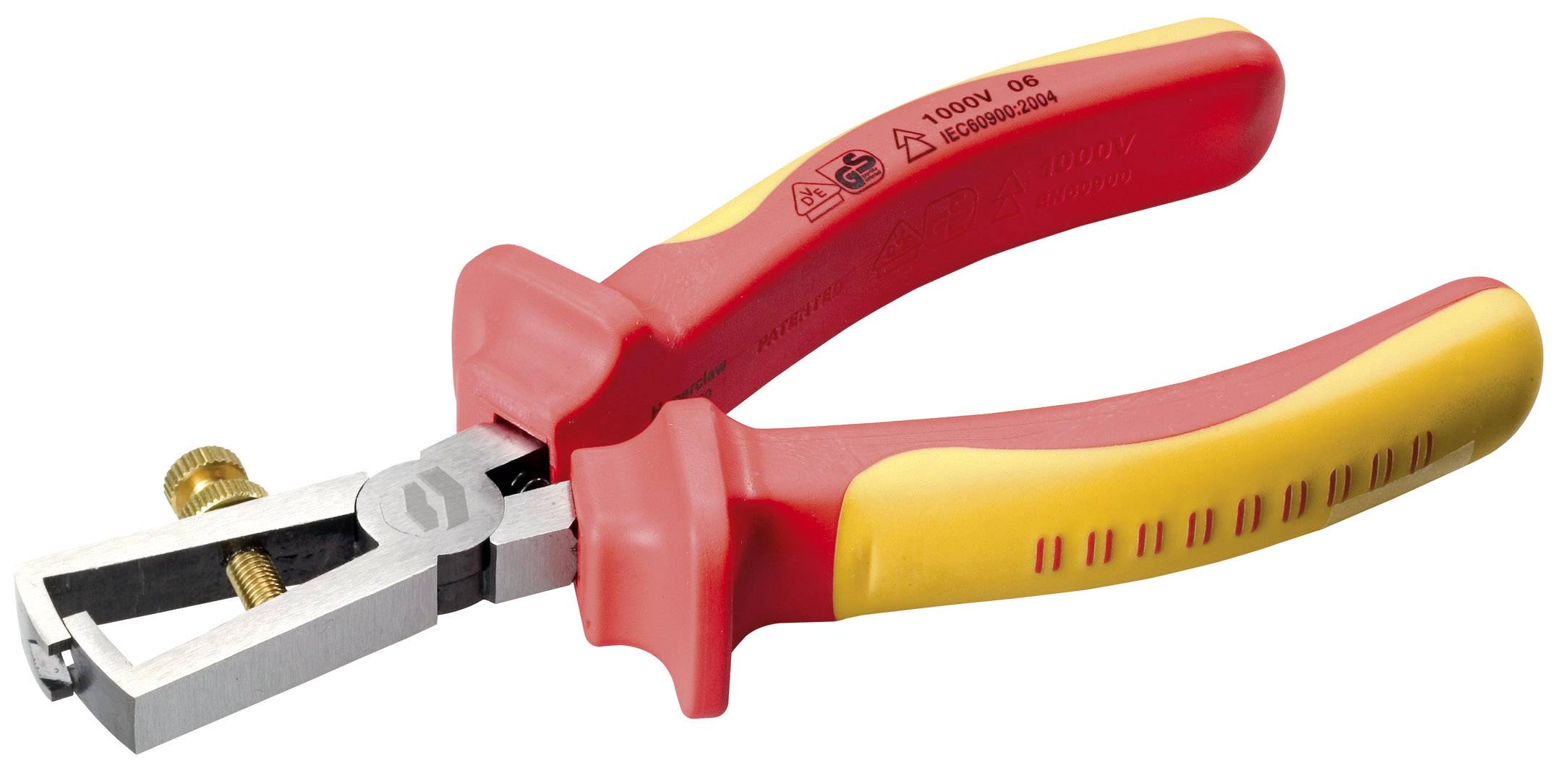 Eine isolierte Abisolierzange in Rot und Gelb, für Elektriker geeignet. Sie hat einen ergonomischen Griff und eine einstellbare Schraube.