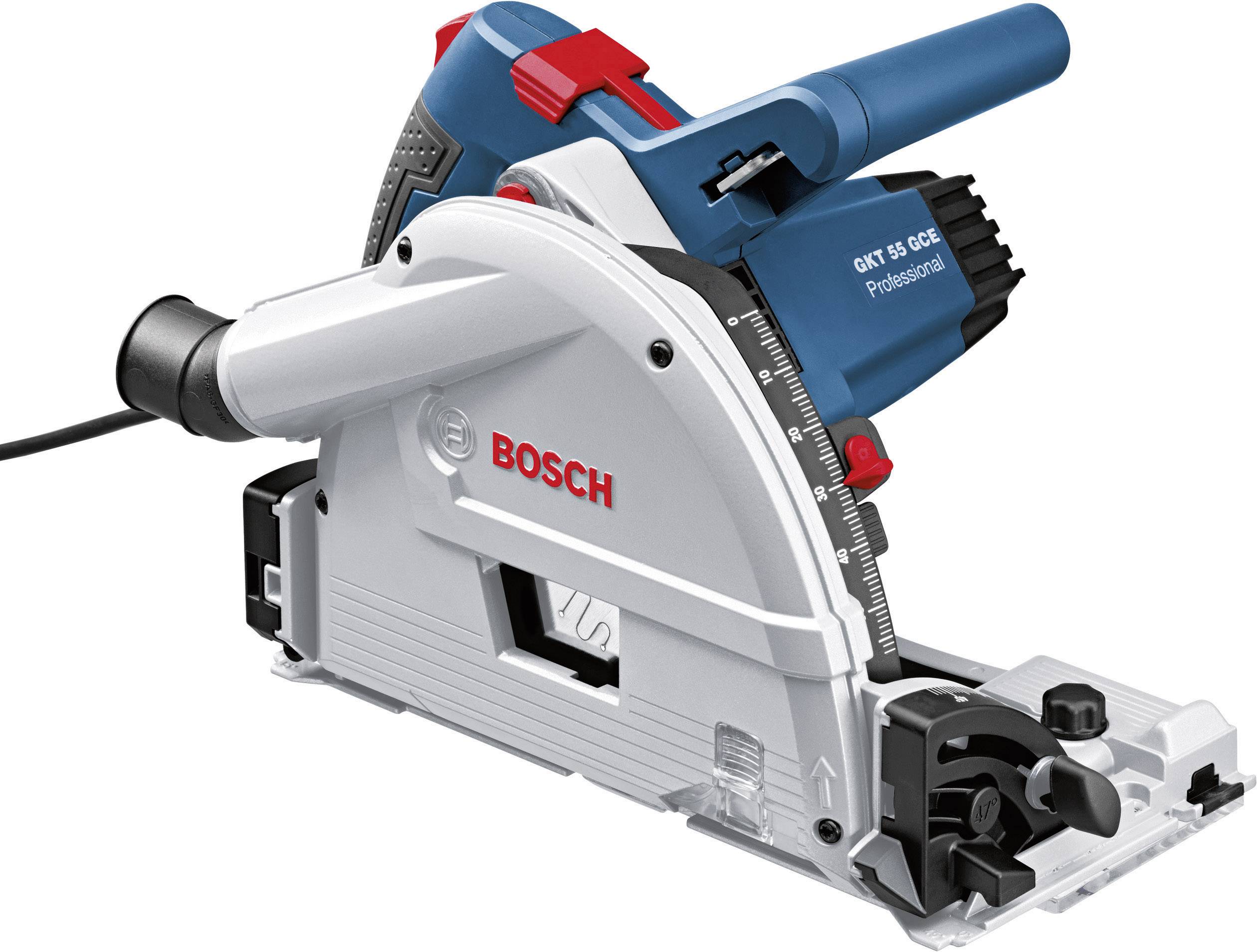 Vorgestellt ist eine blaue und weiße elektrische Handkreissäge der Marke Bosch, geeignet für präzise Schnitte in Holzmaterialien.