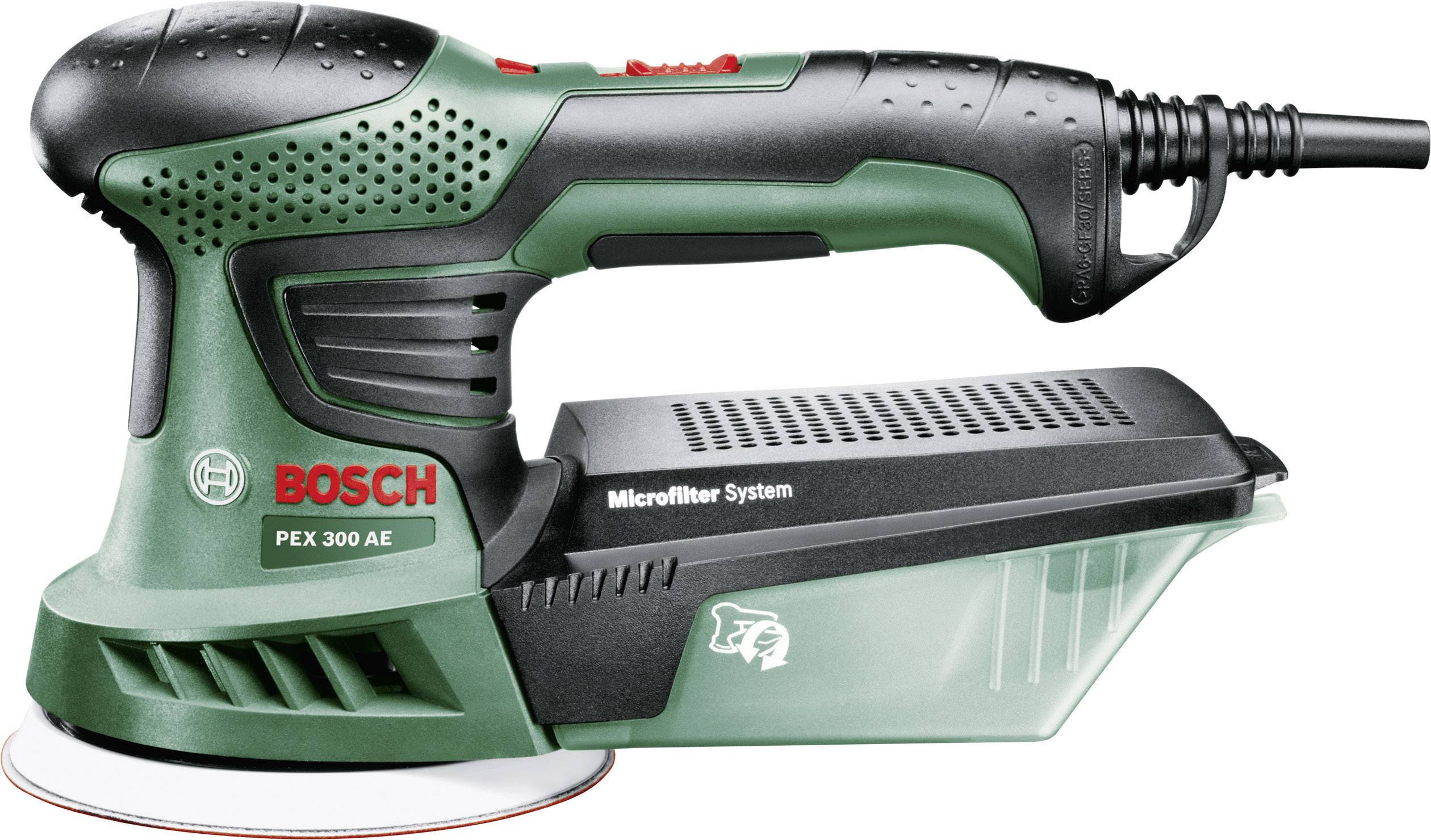 Eine grüne Bosch PEX 300 AE Exzenterschleifer mit Microfilter System, liegt horizontal, Netzstecker oben rechts.