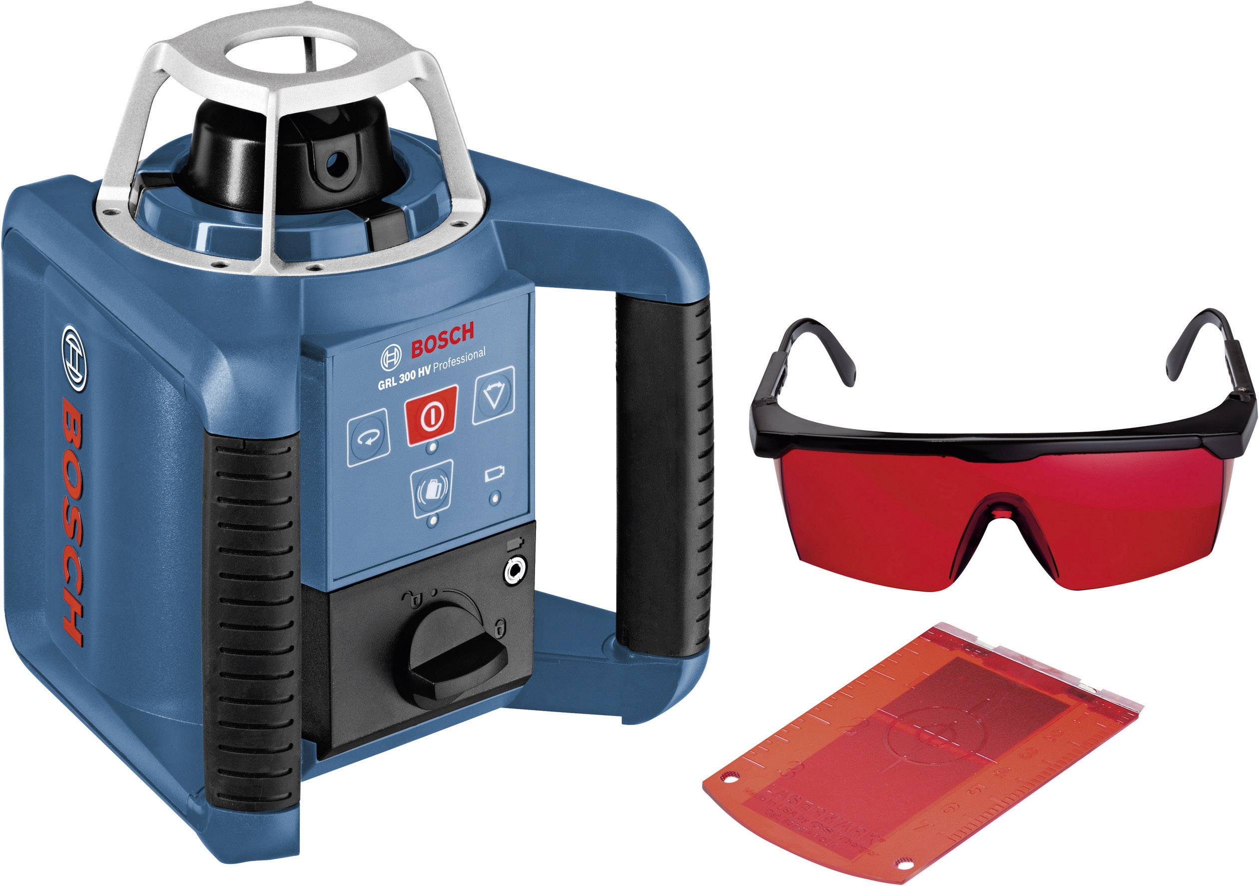 Blauer Bosch-Laser, Modell GRL 250 HV Professional, mit roter Brille und Messkarte zur präzisen Nivellierung auf Baustellen.