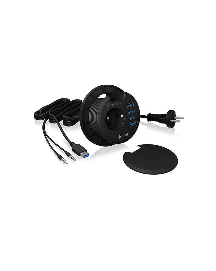 IB-HUB1430, 4 Port USB 3.0 Type-A Tisch-Hub mit Audio Ein-/Ausgang und Schuko Steckdose (CEE 7/3), Ø 80 mm