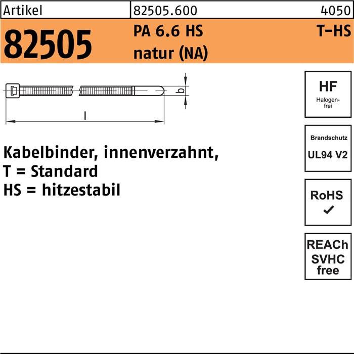 HellermannTyton 111-02359 T18I-PA66HS-NA Kabelbinder 145 mm 2.50 mm Natur Hitzestabilisiert 1000 St.