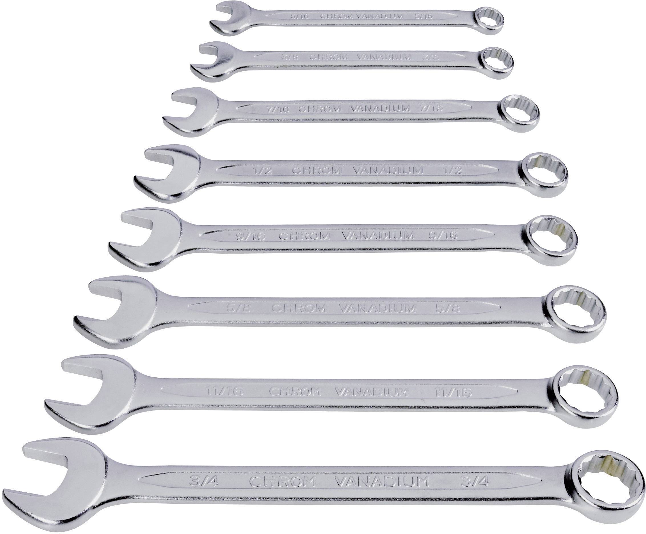 Acht Schraubenschlüssel in aufsteigender Größe, horizontal angeordnet. Sie sind aus Metall und reflektieren das Licht.