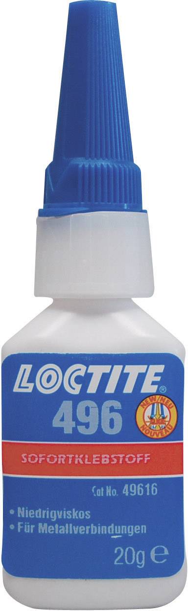 Das Bild zeigt eine Flasche 'Loctite 496' Sofortklebstoff, geeignet für Metallverbindungen, mit blauer und weißer Etikettierung.