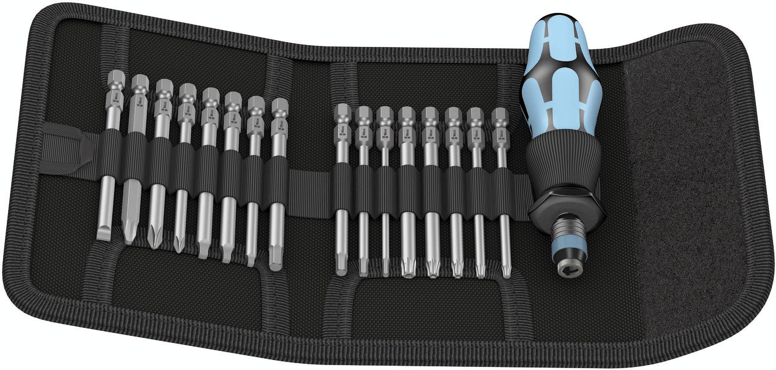 Ein Schraubenzieher-Set mit verschiedenen Bits in einer offenen schwarzen Tasche. Der Griff ist ergonomisch und blau-schwarz.