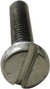 Nahaufnahme einer Metallschraube mit Schlitzkopf, zylindrischem Schaft und Gewinde, geeignet für Holz- oder Metallverbindungen.