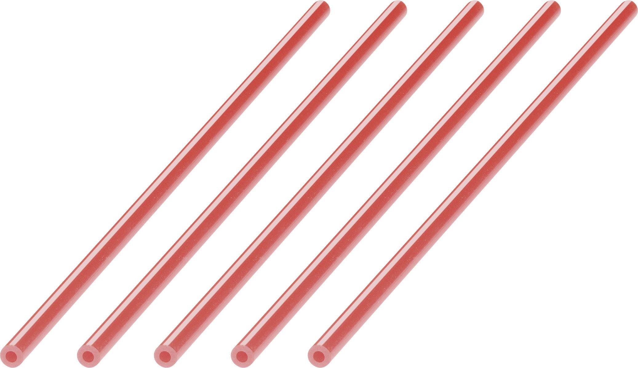 Fünf rote Plastiktrinkhalme sind parallel zueinander auf einem weißen Hintergrund angeordnet.