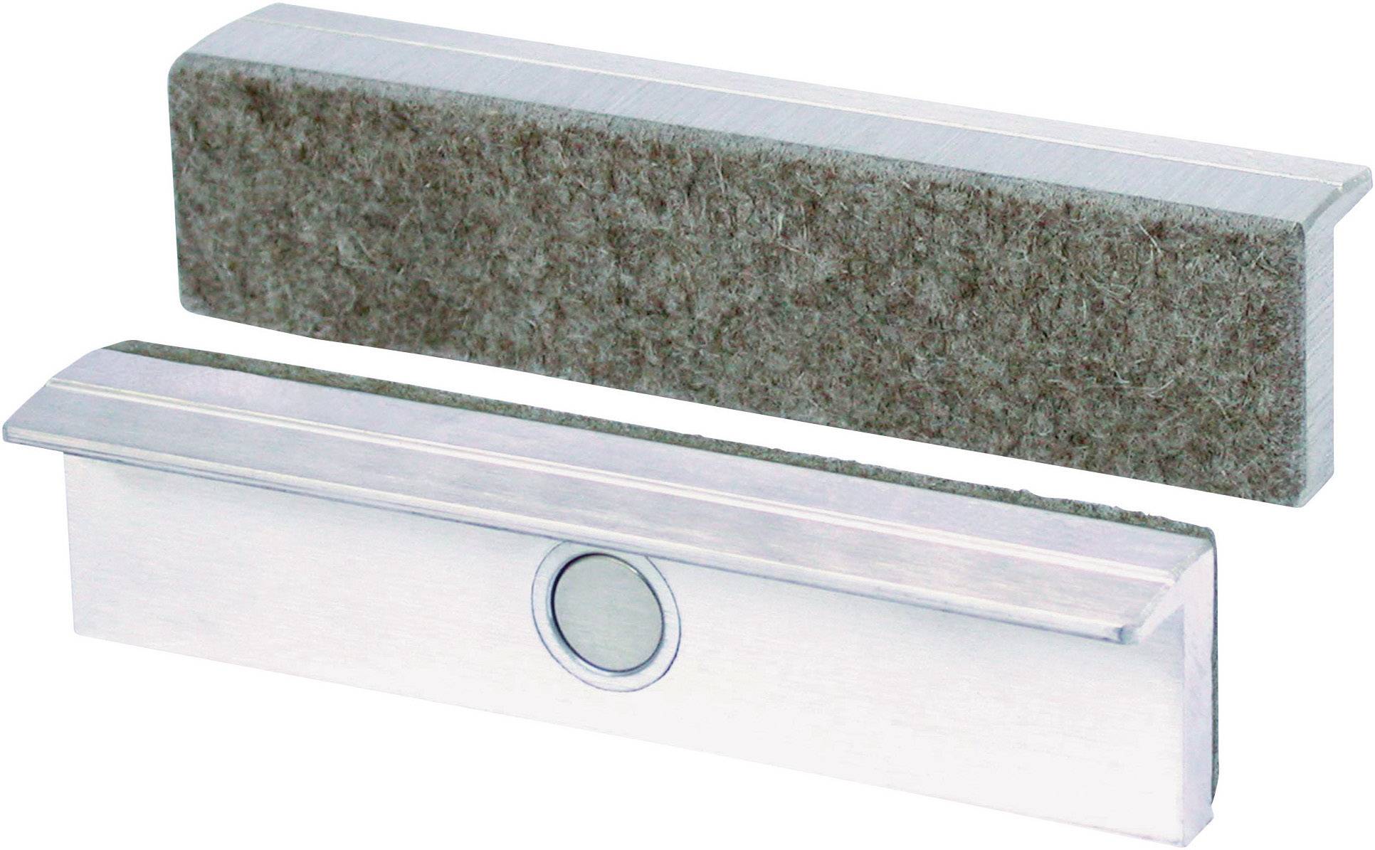 'Aluminium Fensterstopper' mit grauem Filzpolster für geräuschloses Schließen; zwei Teile nebeneinander liegend.