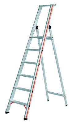Stufen-Stehleiter mit Sicherheitsbrücke, einseitig, Ablageschale und Einhängemög