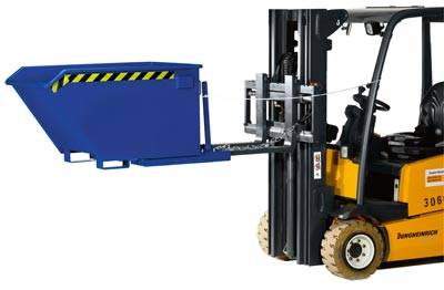 Kippbehälter, Volumen 0,5 cbm, Traglast 1200 kg, mit Einfahrtaschen, LxBxH 1400x