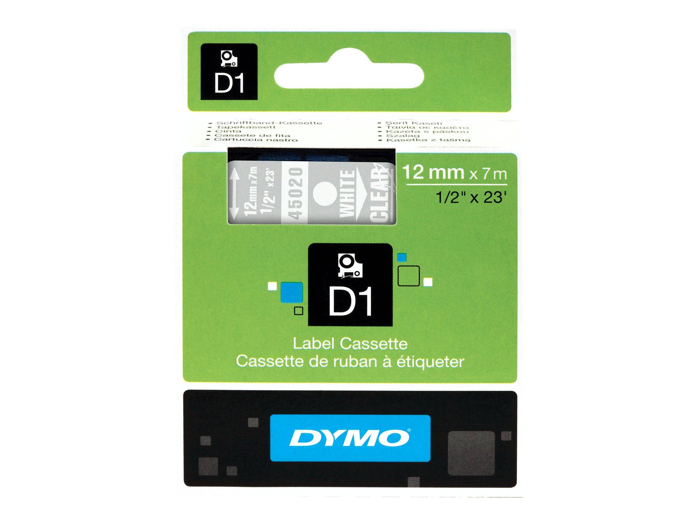 Schriftband DYMO D1 45020 Bandfarbe: Transparent Schriftfarbe:Weiß 12 mm 7 m