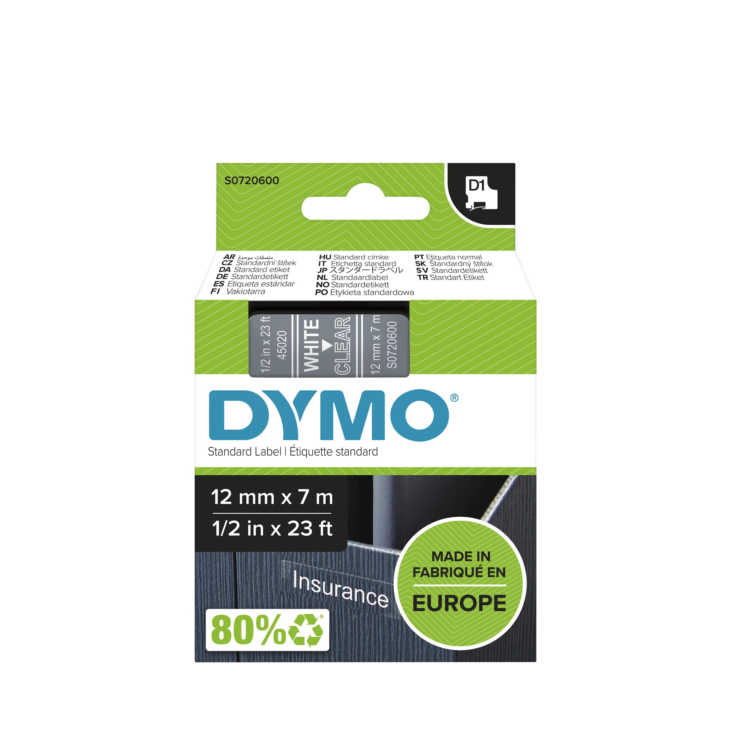 Schriftband DYMO D1 45020 Bandfarbe: Transparent Schriftfarbe:Weiß 12 mm 7 m