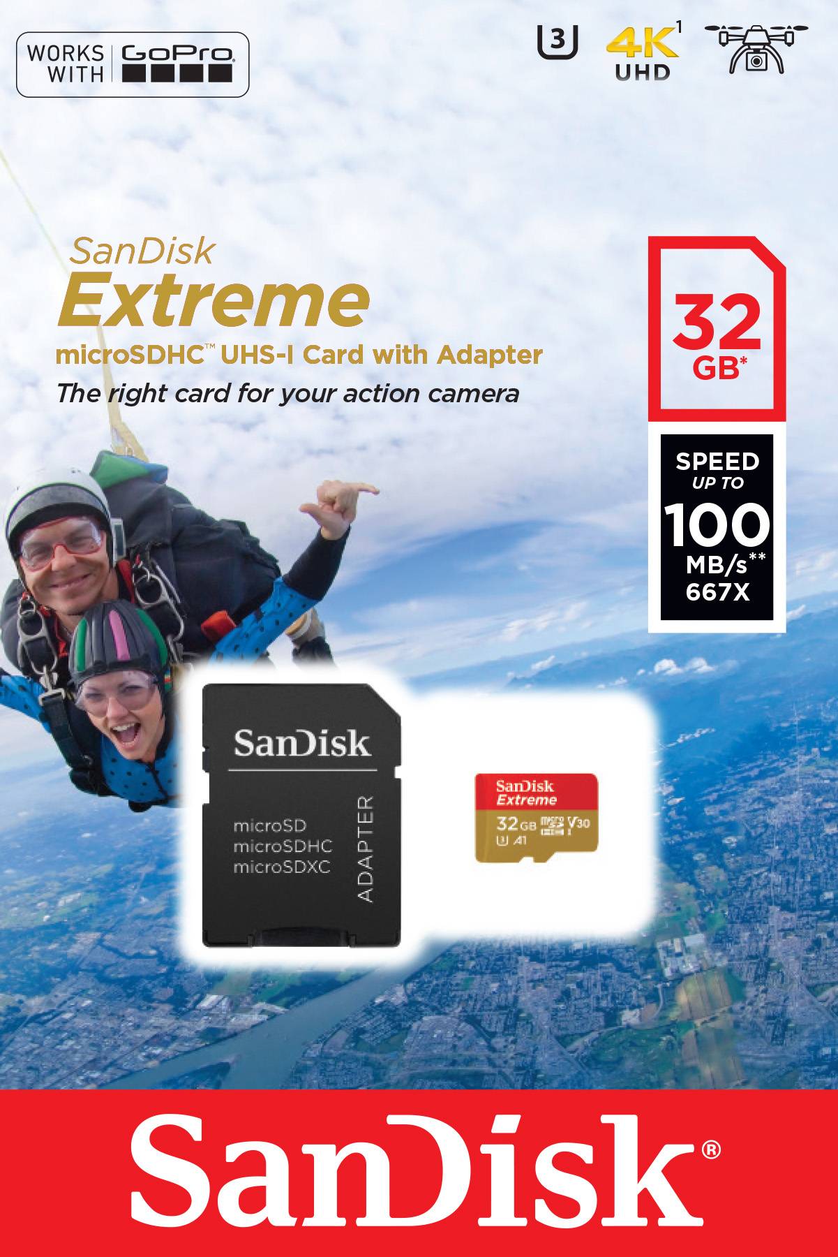 SanDisk Extreme® Action Cam microSDHC-Karte 32 GB Class 10, UHS-I, UHS-Class 3, v30 Video Speed Class inkl. SD-Adapter, A1-Leistungsstandard