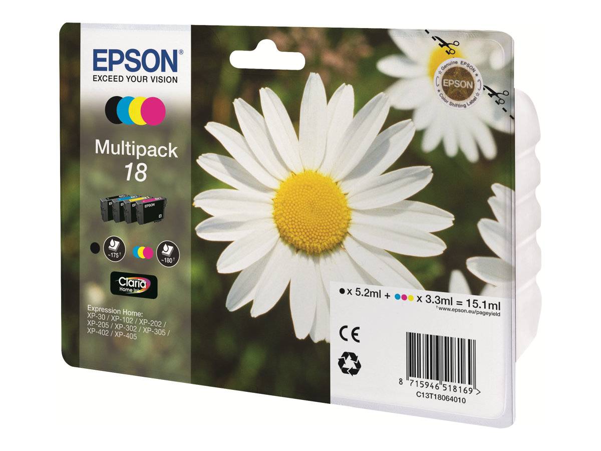 Epson Druckerpatrone T1806, 18 Original Kombi-Pack Schwarz, Cyan, Magenta, Gelb C13T18064012