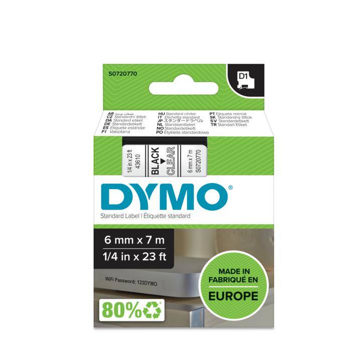Schriftband DYMO D1 43610 Bandfarbe: Transparent Schriftfarbe:Schwarz 6 mm 7 m