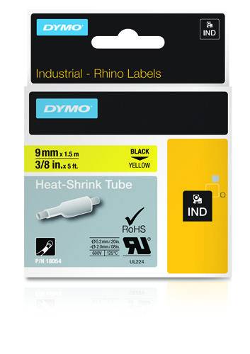 Schriftband Wärme-Schrumpfschlauch DYMO IND RHINO 18054 Polyolefin Bandfarbe: Gelb Schriftfarbe:Schwarz 9 mm 1.5 m