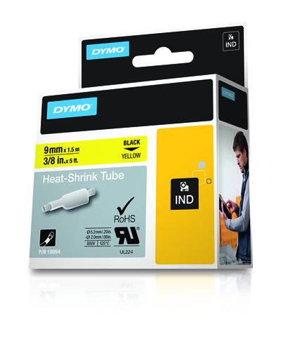 Schriftband Wärme-Schrumpfschlauch DYMO IND RHINO 18054 Polyolefin Bandfarbe: Gelb Schriftfarbe:Schwarz 9 mm 1.5 m