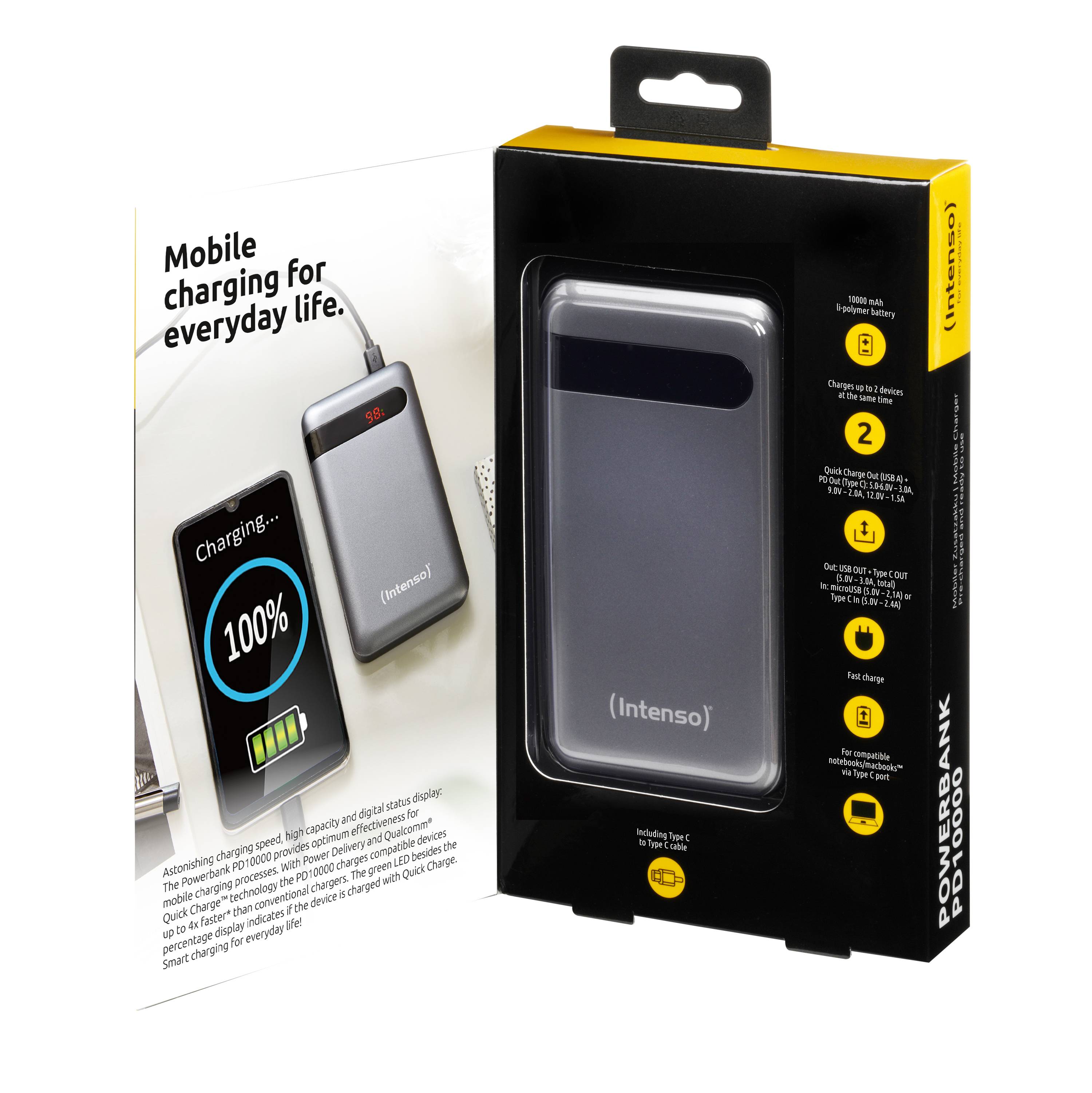 Intenso PD10000 Powerbank 10000 mAh Quick Charge 3.0, Power Delivery 3.0 LiPo Schwarz Statusanzeige