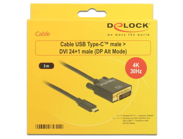Delock USB-C® / DVI Adapterkabel USB-C® Stecker, DVI-D 24+1pol. Stecker 3.00 m Schwarz 85322 vergoldete Steckkontakte USB-C®-Displaykabel