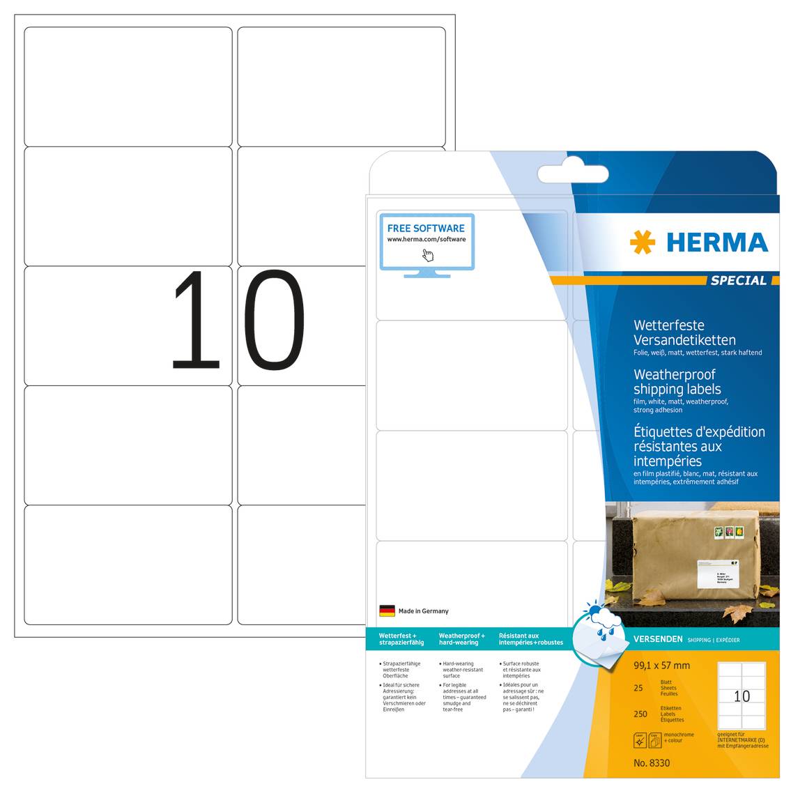 HERMA Special - Polyester - matt - extra stark selbstklebend - weiß - 57 x 99.1 mm 250 Etikett(en) (25 Bogen x 10)